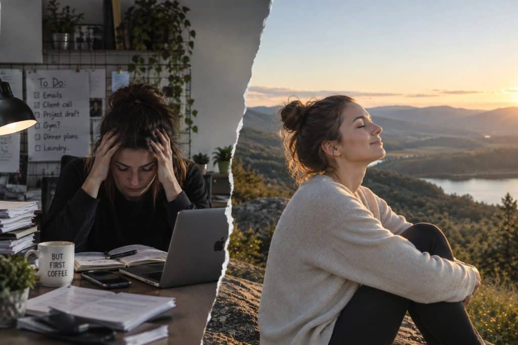 A woman before and after stress